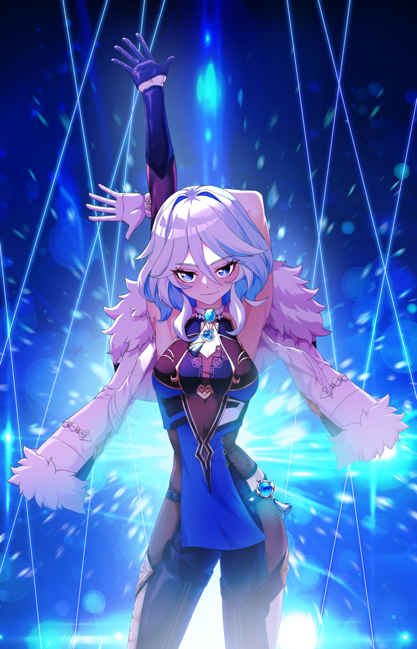 1girl absurdres armpits arms_up asymmetrical_gloves blue_dress blue_eyes blue_gloves blue_hair blue_pants breasts colored_inner_hair commentary_request cosplay cowboy_shot dress furina_(genshin_impact) genshin_impact gloves hair_between_eyes hair_intakes highres korean_commentary leggings mismatched_gloves multicolored_hair pants short_hair sleeveless sleeveless_dress small_breasts solo standing teabaek white_gloves white_hair yelan_(genshin_impact) yelan_(genshin_impact)_(cosplay)