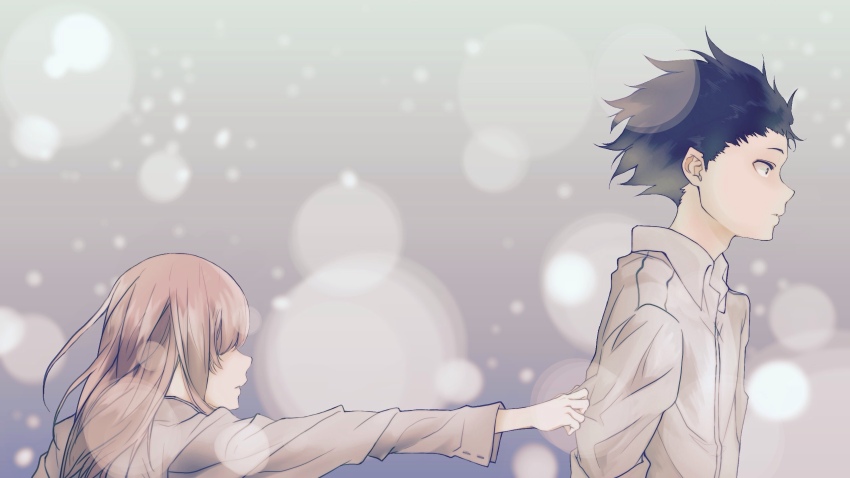 1boy 1girl black_eyes black_hair brown_hair closed_mouth collared_shirt commentary_request highres ishida_shouya kazari koe_no_katachi long_hair long_sleeves nishimiya_shouko school_uniform shirt short_hair spiked_hair upper_body white_shirt
