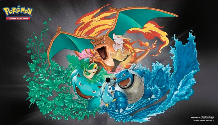 arita_mitsuhiro arms_behind_back blastoise blue_eyes braixen brown_eyes charizard commentary_request company_logo company_name copyright_logo copyright_name copyright_notice dragon dragon_wings fangs fire flame-tipped_tail gen_1_pokemon gen_4_pokemon gen_5_pokemon gen_6_pokemon holding holding_stick leaf logo nintendo nostrils official_art open_mouth orange_eyes piplup plant pokemon pokemon_(creature) pokemon_focus pokemon_tcg red_eyes shoulder_cannon snivy starter_pokemon_trio stick tail venusaur water wings