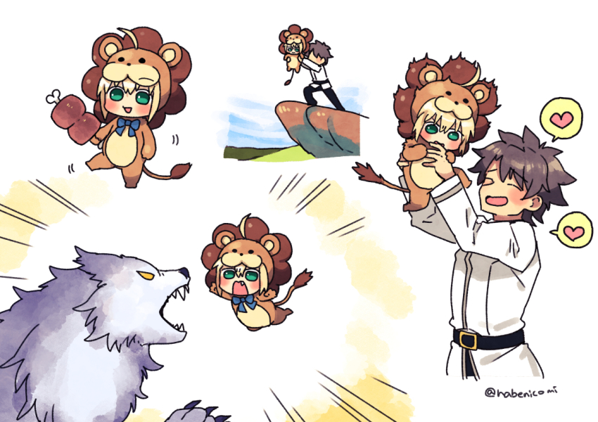 1boy 1girl :d ^_^ ahoge aqua_eyes artoria_pendragon_(fate) belt biting blonde_hair blush boned_meat cliff closed_eyes fang fate/grand_order fate/tiger_colosseum fate_(series) food fujimaru_ritsuka_(male) heart lobo_(fate) meat nabenko open_mouth saber_lion simple_background smile spoken_heart the_lion_king white_background wolf