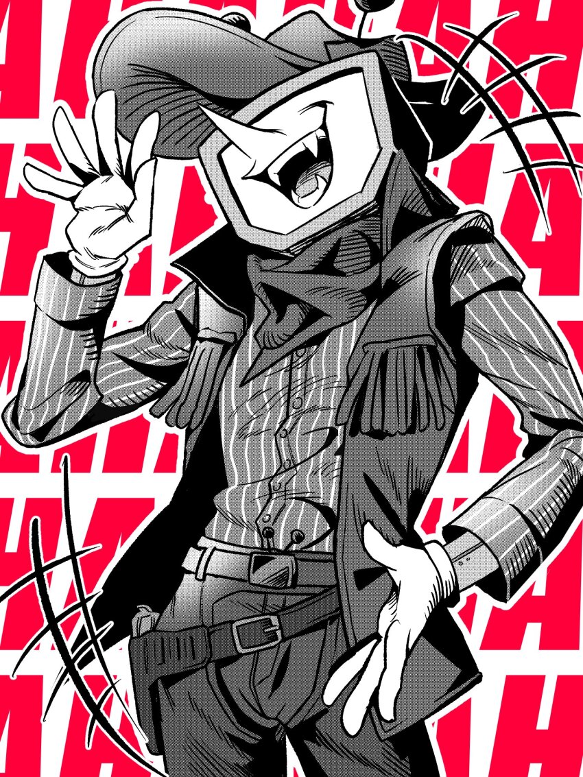 1boy ant_tenna belt belt_buckle buckle chaps cowboy_hat cowboy_shot crt deltarune fangs gloves greyscale_with_colored_background hat highres humanoid_robot iagura_gura male_focus mechanical_arms object_head open_mouth pinstripe_pattern pinstripe_shirt pointy_nose robot scarf shirt shirt_tucked_in smile vest