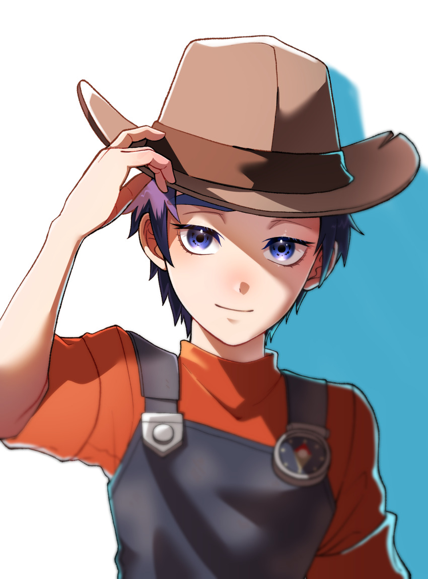 1boy absurdres adjusting_clothes adjusting_headwear black_overalls blue_eyes blurry commentary_request compass cowboy_hat haru_(my_time_at_sandrock) hat highres male_focus mugicha_(zoro1132) my_time_at_portia my_time_at_sandrock orange_shirt overalls purple_hair shirt sleeves_rolled_up smile solo turtleneck upper_body