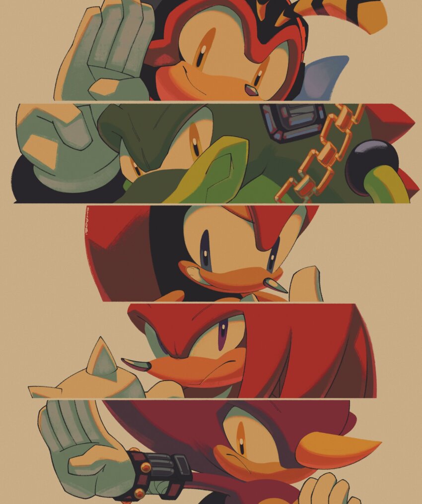 5boys blue_eyes chaoslose charmy_bee commentary derivative_work english_commentary espio_the_chameleon frown furry highres knuckles&#039;_chaotix knuckles_the_echidna looking_at_viewer mighty_the_armadillo multiple_boys purple_eyes smile sonic_(series) sonic_the_hedgehog_(classic) vector_the_crocodile video_game_cover_redraw yellow_eyes