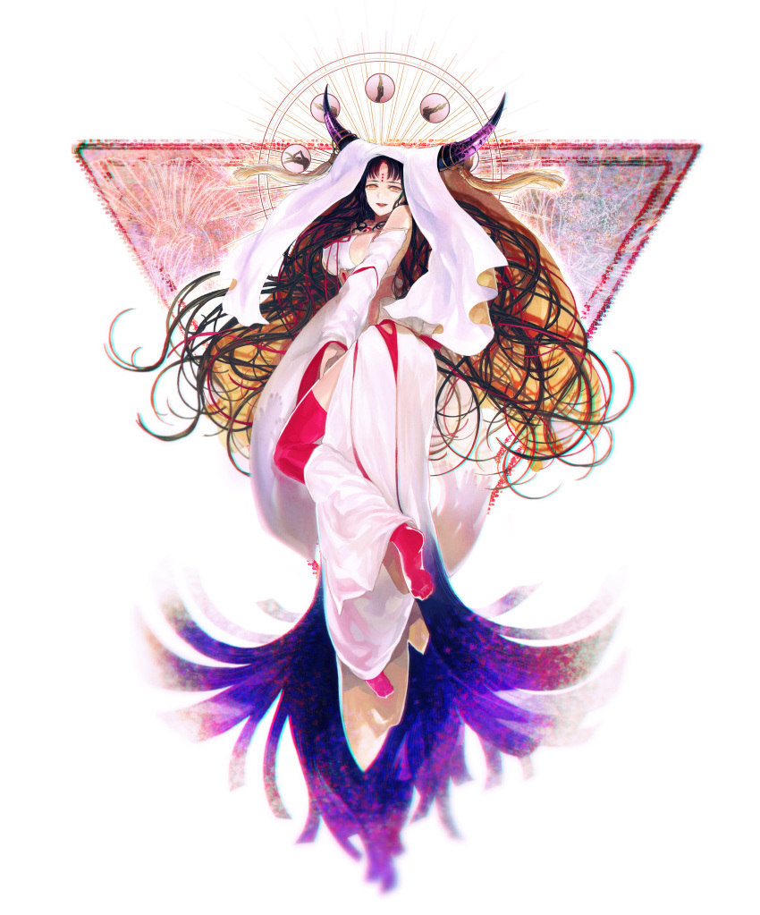 1girl absurdres bare_shoulders black_hair breasts facial_mark fate/grand_order fate_(series) forehead_mark halo halo_behind_head highres horns long_hair long_sleeves looking_at_viewer multicolored_hair parted_bangs sessyoin_kiara sessyoin_kiara_(heaven&#039;s_hole) sessyoin_kiara_(third_ascension) sideboob smile solo very_long_hair xero yellow_eyes
