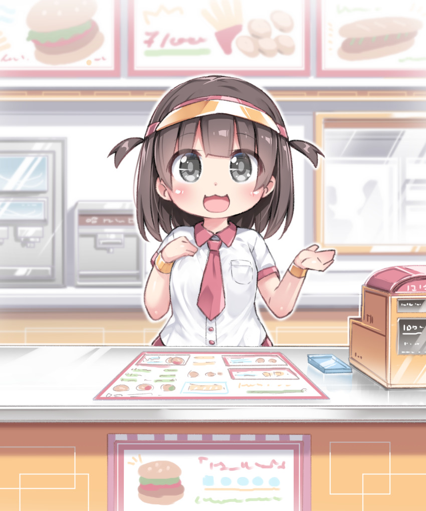 1girl black_eyes bracelet breast_pocket breasts brown_hair cashier collared_shirt commentary_request dress_shirt employee_uniform fast_food_uniform hand_on_own_chest hat highres jewelry looking_at_viewer medium_hair necktie open_mouth original pocket red_necktie shirt smile solo tamase_tama two_side_up visor_cap white_shirt yellow_hat