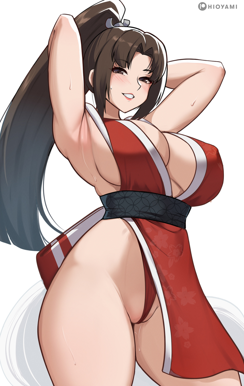 1girl armpits arms_up breasts brown_eyes brown_hair cleavage cowboy_shot fatal_fury female_focus grin highres hioyami large_breasts long_hair looking_at_viewer matching_hair/eyes no_bra pelvic_curtain ponytail pussy_juice shiranui_mai sideboob simple_background smile snk solo standing sweat the_king_of_fighters white_background