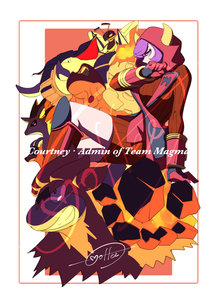 1girl absurdres arm_support beedrill border camerupt cccacademia character_name courtney_(pokemon) donphan dress fake_horns gen_1_pokemon gen_2_pokemon gen_3_pokemon gloves hand_up highres hood hood_up hooded_vest hoodie horns houndoom kneehighs logo magcargo mega_camerupt mega_pokemon mixed-language_commentary nintendo orange_background pokemon pokemon_(creature) pokemon_oras purple_hair sandslash short_hair signature sitting socks sweater sweater_dress team_magma team_magma_uniform vest white_border