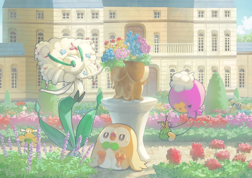 bird black_eyes blue_flower bright_pupils building closed_mouth commentary_request drifloon florges flower gen_4_pokemon gen_6_pokemon gen_7_pokemon highres holding jitome mokukitusui nintendo no_humans open_mouth pokemon pokemon_(creature) rowlet smile sweat white_pupils window