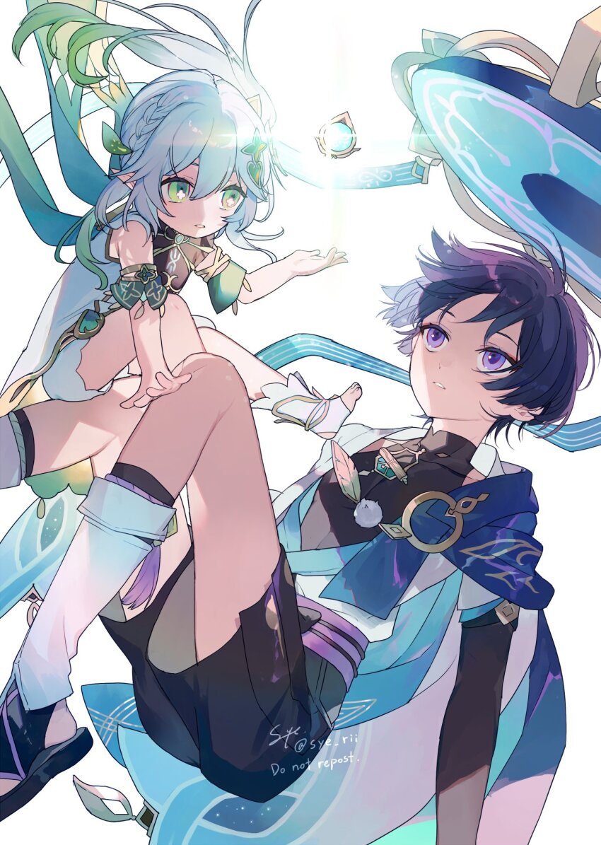 1boy 1girl anklet aqua_sleeves armlet artistic_error belt black_belt black_bodysuit black_bow black_shorts black_socks bloomers blue_cape blue_hat blunt_ends bodysuit bow cape covered_collarbone cross-shaped_pupils detached_sleeves double-parted_bangs dress feathers feet_out_of_frame floating genshin_impact gold gradient_hair green_cape green_eyes green_hair green_sleeves hair_between_eyes hair_ornament hakama hakama_shorts half_crown_braid hat highres japanese_clothes jewelry jingasa kimono knees layered_clothes layered_kimono layered_sleeves leaf leaf_hair_ornament leg_warmers looking_at_object loose_hair_strand mandarin_collar multicolored_hair nahida_(genshin_impact) open_clothes open_hands open_kimono parted_lips pom_pom_(clothes) purple_eyes purple_hair purple_rope purple_sash rope sandals sash scaramouche_(genshin_impact) short_sleeves shorts shoulder_peek side_ponytail sidelocks signature sitting_on_leg socks stirrup_footwear stirrup_legwear syerii symbol-shaped_pupils tassel thigh_peek toeless_footwear toeless_legwear toes twitter_username underwear unworn_hat unworn_headwear vision_(genshin_impact) wanderer_(genshin_impact) watermark white_background white_bloomers white_dress white_hair white_kimono white_leg_warmers white_sleeves white_trim zouri