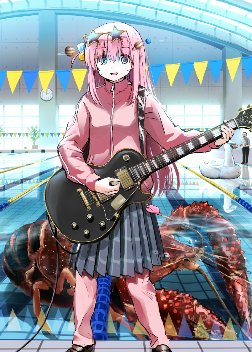 1boy 1girl absurdres air_bubble animal bird black_hair black_skirt bloom blue_eyes bocchi_the_rock! bubble character_request charm_(object) commentary crayfish cube_hair_ornament dress_shirt electric_guitar english_commentary eyewear_on_head facial_hair full_body furrowed_brow giba_ryan gibson_les_paul gloom_(expression) gotoh_hitori gotoh_hitori_(tsuchinoko) guitar hair_bobbles hair_ornament high_collar highres holding holding_instrument holding_plectrum inflatable_toy instrument jacket jupiter_(planet) loafers long_hair long_sleeves looking_at_viewer multicolored_hair_bobbles mustache neptune_(planet) nervous_smile one_side_up open_mouth oversized_animal pants pants_under_skirt pink_hair pink_jacket planet pleated_skirt plectrum pool reflection reflective_water round_eyewear sandals saturn_(planet) school seeing_stars shirt shoes shoulder_strap skirt smile solo_focus standing star-shaped_eyewear star_(symbol) string_of_flags sunglasses swan sweat track_jacket track_pants tsuchinoko whistle whistle_around_neck zipper