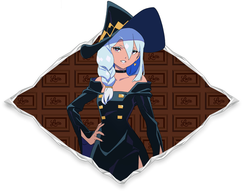 1girl ado_(utaite) alpha_transparency black_choker black_dress black_nails blue_hair braid chocolat_cadabra_(ado) choker cloud_nine_inc cocoa_(chocolat_cadabra) collarbone dress earrings hair_between_eyes hand_on_own_hip hat heart heart_earrings jewelry long_hair looking_at_viewer lotte_(company) nail_polish off-shoulder_dress off_shoulder official_art parted_lips pink_eyes single_braid solo witch witch_hat