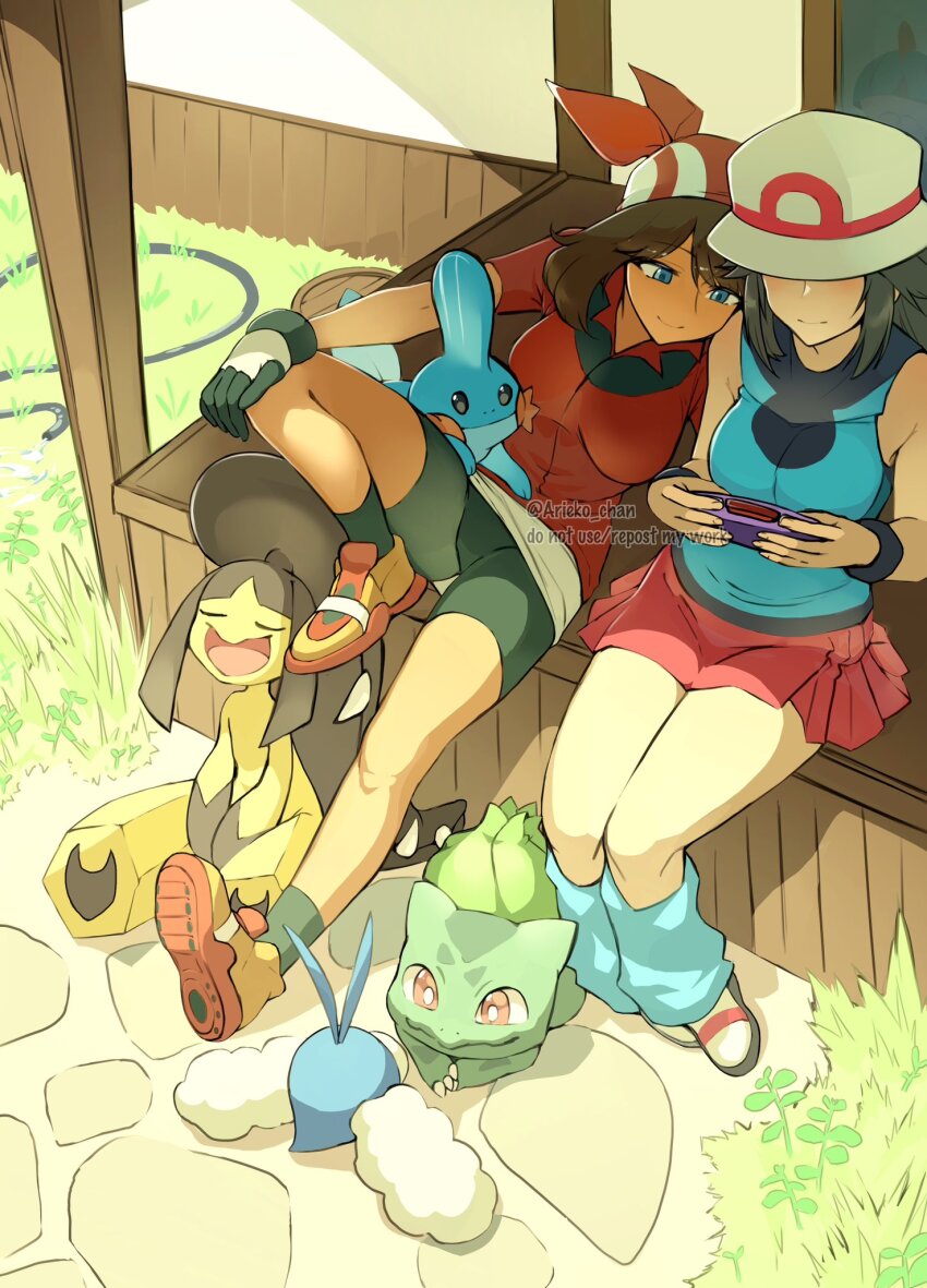 2girls ariekochan bandana bike_shorts black_shorts black_socks blue_eyes blue_shirt blue_socks brown_hair bulbasaur closed_mouth game_boy_advance gen_1_pokemon gen_3_pokemon gloves handheld_game_console hat highres holding holding_handheld_game_console hose leaf_(pokemon) mawile may_(pokemon) mudkip multiple_girls nintendo pokemon pokemon_(creature) pokemon_frlg pokemon_rse ralts red_bandana red_shirt red_skirt shirt shoes short_sleeves shorts sitting skirt sleeveless sleeveless_shirt socks swablu white_hat wristband