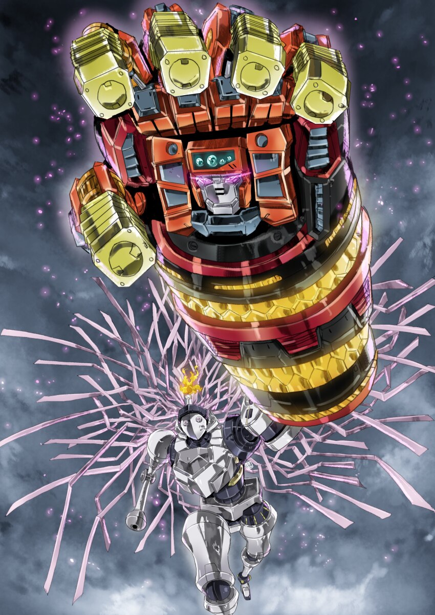 absurdres cable cloud cloudy_sky crossover daimidaler_type-3 fire garimpeiro glowing glowing_eyes goldion_finger hakaiou:_gaogaigar_vs._betterman highres kenzen_robo_daimidaler looking_at_viewer mecha mecha_focus purple_eyes robot science_fiction sky solo yuusha_ou_gaogaigar yuusha_series