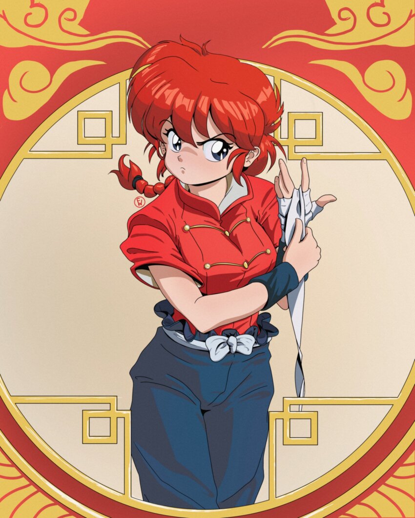 1girl artist_logo bandaged_arm bandages black_pants braid chinese_knot_border commentary english_commentary fritz_willie frown highres logo looking_at_viewer pants ranma-chan ranma_1/2 red_hair red_shirt shirt solo