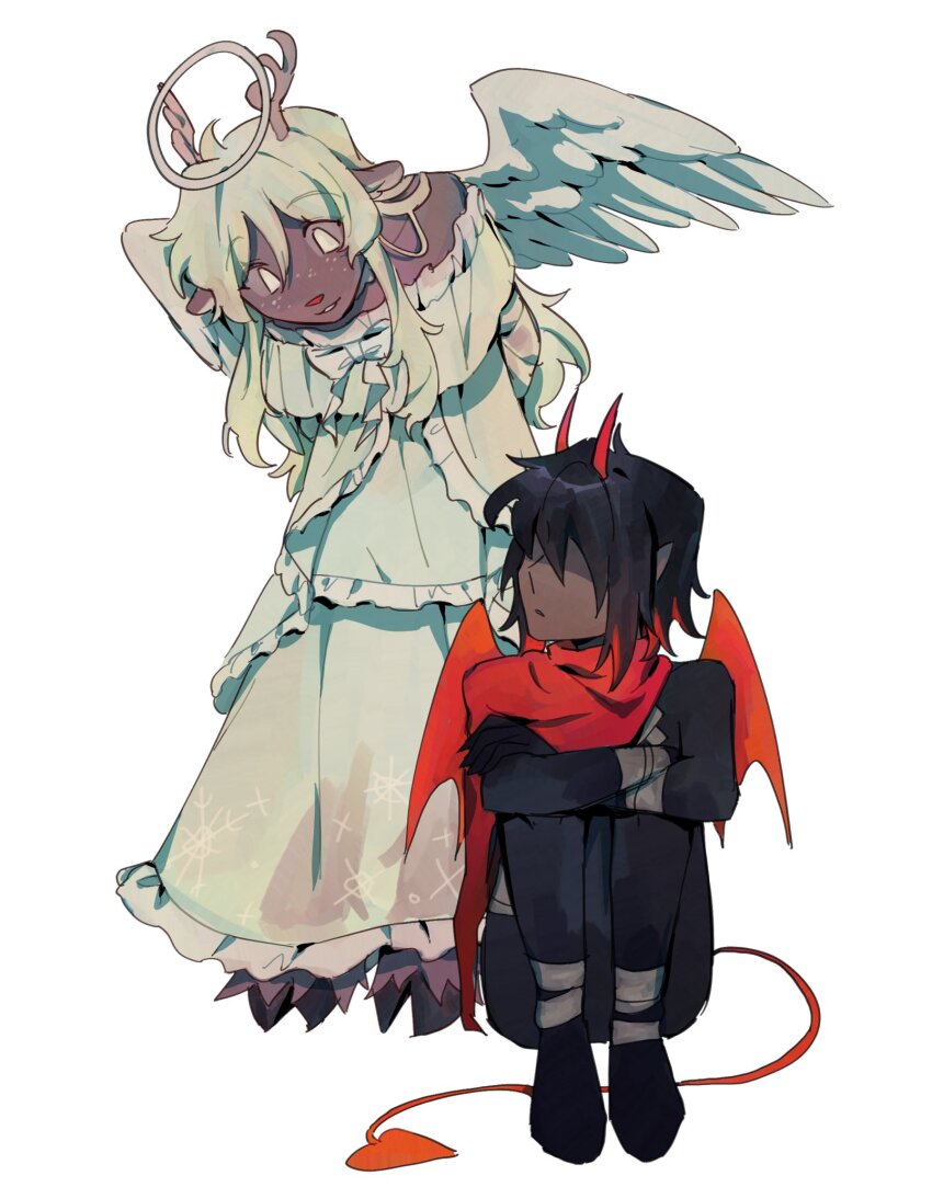 1girl 1other alternate_costume alternate_universe angel angel_and_devil angel_wings animal_ears antlers arms_behind_back black_hair black_unitard blonde_hair commentary deer_antlers deer_ears deer_girl deltarune demon_horns demon_tail dress english_commentary furry furry_female goomyloid hair_over_eyes halo highres hooves horns knees_up kris_(deltarune) long_hair multicolored_hair noelle_holiday off-shoulder_dress off_shoulder red_hair red_horns red_scarf red_wings scarf sitting streaked_hair tail two-tone_hair white_dress white_wings wings