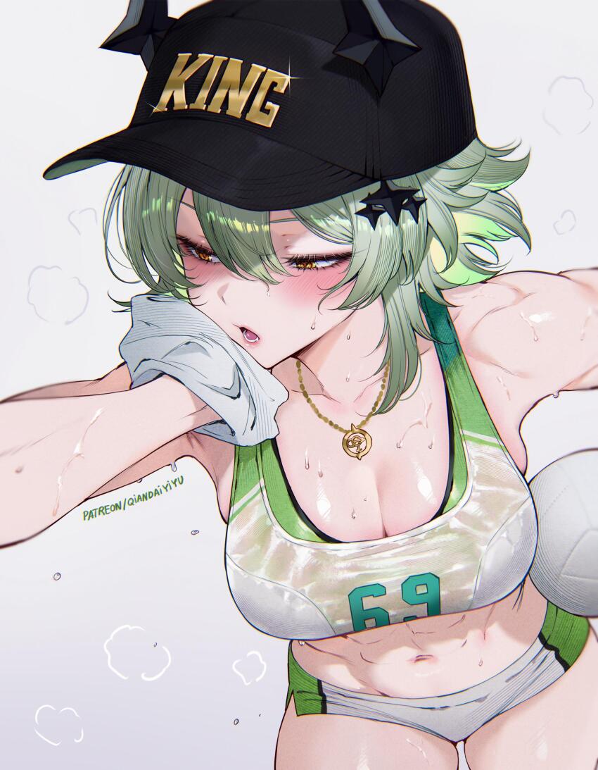 1girl absurdres alternate_costume ball blush breasts caesar_king_(zenless_zone_zero) green_hair highres holding holding_ball jewelry large_breasts looking_to_the_side medium_hair navel necklace open_mouth qiandaiyiyu short_shorts shorts solo stomach sweat towel volleyball white_shorts zenless_zone_zero