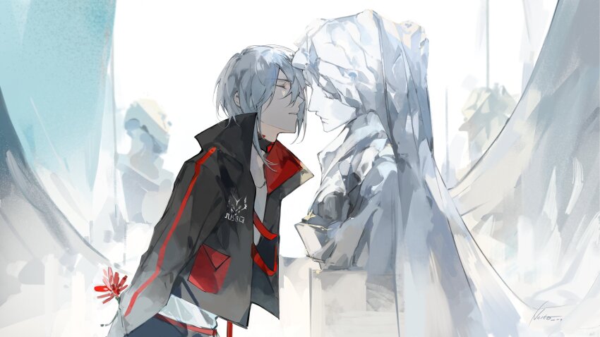 1boy absurdres arm_behind_back bust_(sculpture) closed_eyes closed_mouth collared_jacket commentary crew_neck flower from_side fulgur_ovid fulgur_ovid_(1st_costume) grey_hair hashtag-only_commentary highres jacket leaning leaning_forward male_focus nijisanji nijisanji_en open_clothes open_jacket parted_bangs parted_lips popped_collar red_flower sculpture shirt virtual_youtuber white_shirt yingqian1010