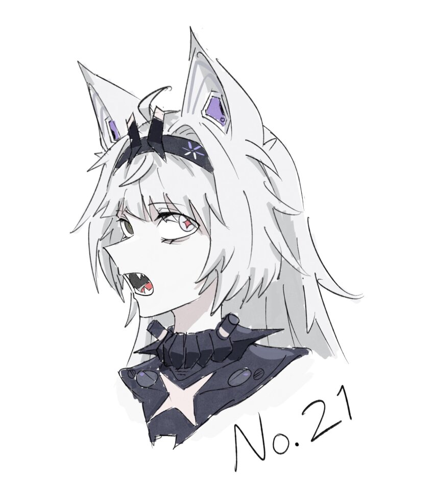 1girl animal_ears biscuitaart black_hairband character_name commentary english_commentary fangs grey_eyes hairband heterochromia highres long_hair looking_at_viewer no._21:_feral_scent_(pgr) no._21_(pgr) open_mouth punishing:_gray_raven simple_background solo white_background white_eyes wolf_ears wolf_girl