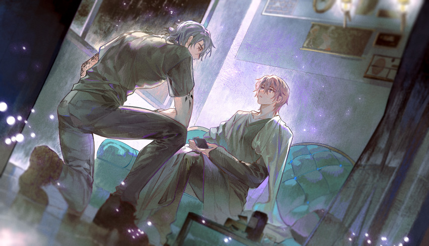 2boys black_pants black_shirt brown_hair chair couch cup highres indoors jacket long_sleeves looking_at_another male_focus multiple_boys night on_one_knee original pants shirt short_hair sitting window yaoi yinzinmiemie