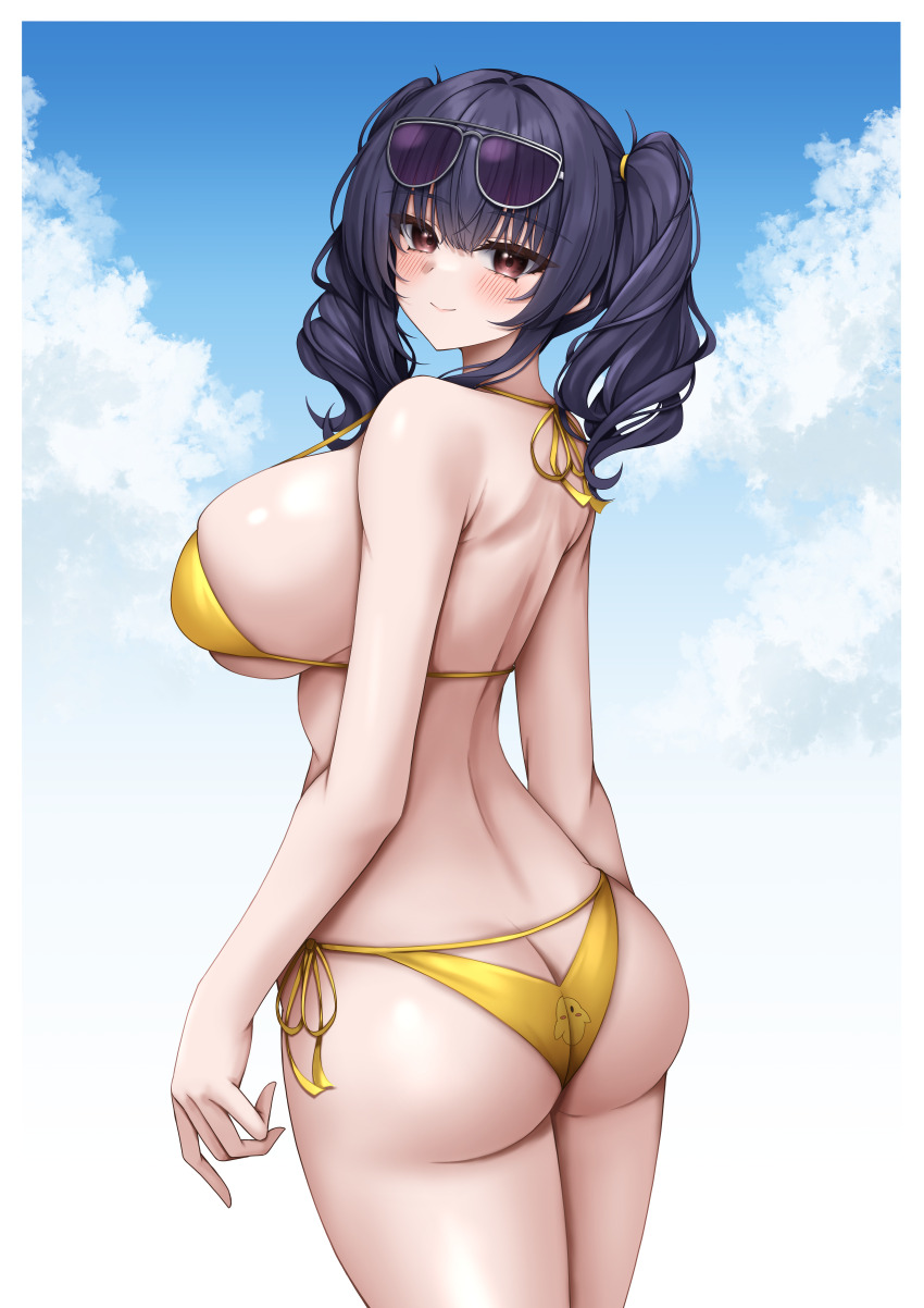 1girl absurdres ass azur_lane bikini blush breasts butt_crack closed_mouth eyewear_on_head from_behind highres large_breasts long_hair looking_at_viewer looking_back official_alternate_costume pola_(azur_lane) pola_(seaside_coincidence)_(azur_lane) side-tie_bikini_bottom smile solo sunglasses swimsuit thighs twintails ueyama_0clock underboob yellow_bikini