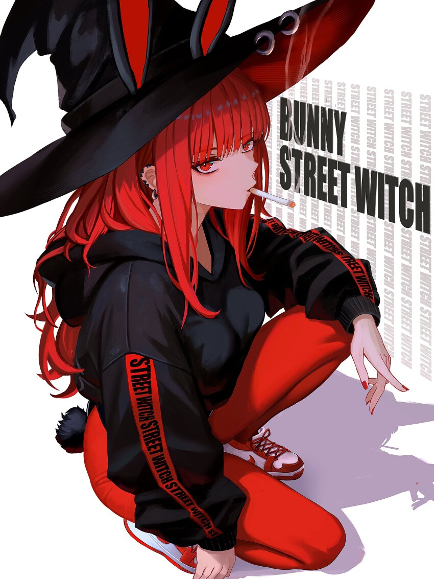 1girl absurdres animal_ears black_hoodie black_leotard cigarette cropped_hoodie ear_piercing english_text fake_animal_ears fingernails hat highres hood hoodie leotard long_fingernails long_hair long_sleeves nail_polish nike_(company) original pantyhose piercing rabbit_ears rabbit_tail red_eyes red_hair red_nails red_pantyhose shoes smoking sneakers solo squatting tail val_(yan_kodiac) witch_hat yan_kodiac