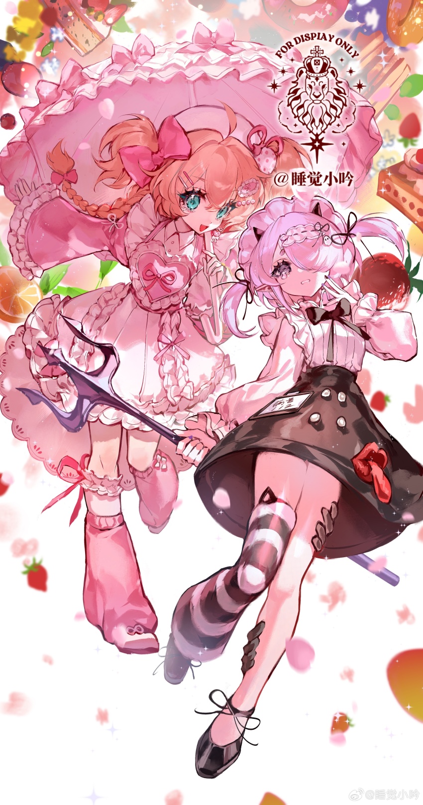 2girls absurdres ahoge aqua_eyes asymmetrical_bangs asymmetrical_legwear beret black_bow black_bowtie black_footwear black_horns black_nails black_ribbon black_skirt black_thighhighs blonde_hair bow bow_legwear bowtie braid buttons cake cake_slice check_copyright chinese_commentary clenched_teeth collared_shirt commentary_request copyright_request dessert donut dress eyelashes food frilled_dress frilled_shirt frilled_socks frilled_umbrella frills fruit full_body hair_bow hair_ornament hair_over_one_eye hair_ribbon hairband hairclip hand_on_own_cheek hand_on_own_face hat heart high-waist_skirt highres holding holding_pitchfork holding_umbrella horns kneehighs leg_warmers long_sleeves maid_headdress mango miniskirt multiple_girls nail_polish open_mouth original parasol petals pink_bow pink_hair pink_leg_warmers pink_ribbon pink_sleeves pink_umbrella pitchfork puffy_long_sleeves puffy_sleeves ribbon ribbon-trimmed_hairband ribbon_legwear sample_watermark shirt shoes short_dress short_hair short_twintails single_kneehigh single_sock single_thighhigh skirt sleeves_past_wrists small_horns smile sneakers socks strawberry striped_clothes striped_shirt striped_thighhighs tearing_up teeth thighhighs twin_braids twintails two-tone_thighhighs umbrella vertical-striped_clothes vertical-striped_shirt watermark weibo_watermark weibo_watermark white_background white_bow white_dress white_footwear white_hairband white_headwear white_shirt white_sleeves white_socks white_thighhighs wide_sleeves zi_yin