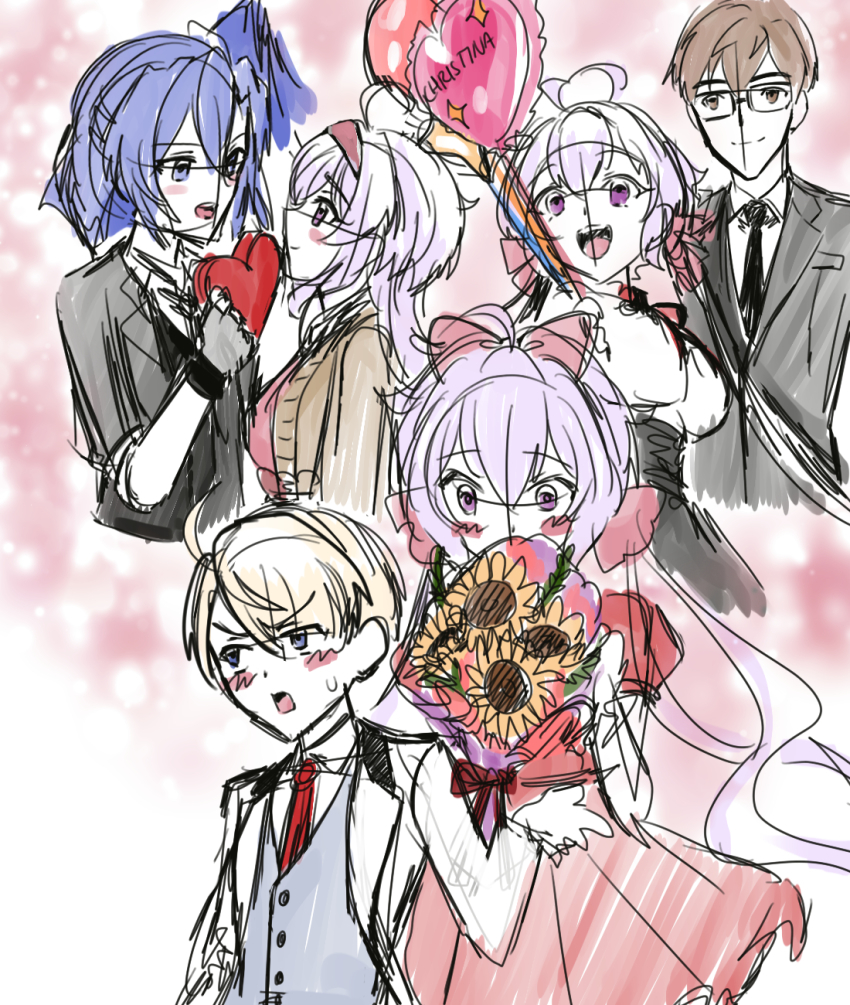 axia-chan balloon blonde_hair blue_hair blush bow breasts brown_hair business_suit cleavage fingerless_gloves flower formal_clothes glasses gloves hair_ornament headband heart_balloon highres jacket_rolled_up kazanari_tsubasa_(another) large_breasts leopold_(symphogear) long_hair medium_breasts multiple_girls necktie ogawa_shinji_(symphogear) open_mouth ponytail ribbon senki_zesshou_symphogear senki_zesshou_symphogear_xd_unlimited short_hair smile suit sunflower sweater thighhighs unfinished white_day white_hair yukine_chris yukine_chris_(another) yukine_christina