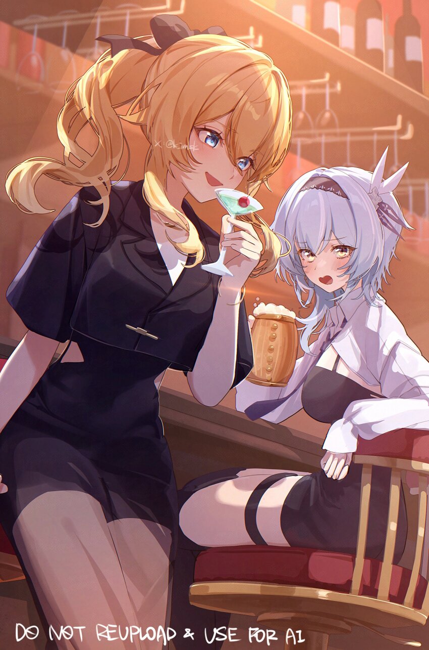 2girls absurdres alternate_costume beer_mug black_hairband black_shirt black_skirt blonde_hair blue_eyes blue_hair cup drinking_glass eula_(genshin_impact) genshin_impact hair_between_eyes hairband highres holding holding_cup imasaki_kei jean_(genshin_impact) long_hair looking_at_viewer looking_to_the_side mug multiple_girls open_mouth pantyhose ponytail shirt short_sleeves skirt smile thigh_strap thighhighs twitter_username white_shirt yellow_eyes