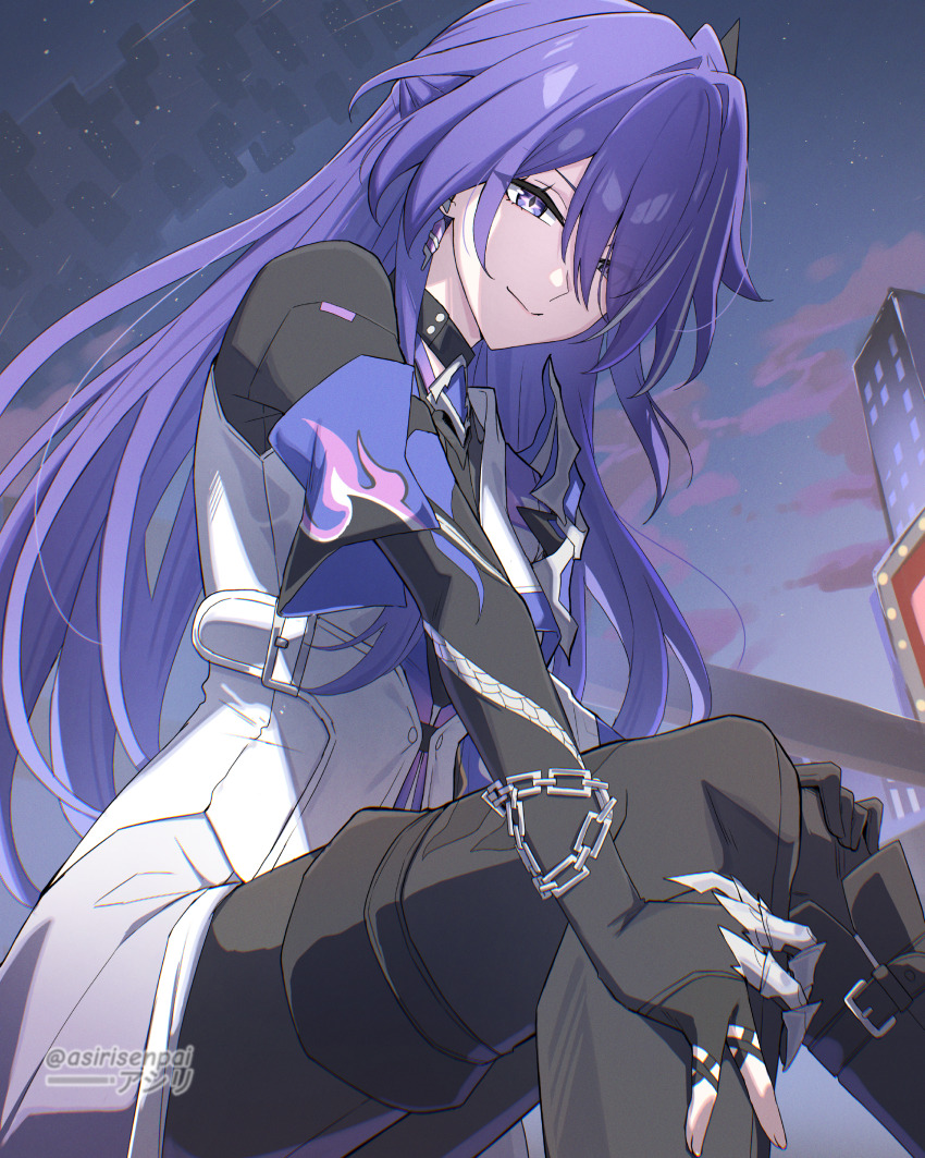 1girl absurdres acheron_(honkai:_star_rail) alternate_costume asiri_senpai asymmetrical_legwear black_boots black_choker black_shirt boots chain chain_around_arm choker closed_mouth coat earrings from_below hair_over_one_eye highres honkai:_star_rail honkai_(series) jewelry knee_boots long_hair looking_at_viewer outdoors purple_eyes purple_hair purple_sky revision shirt single_knee_boot single_thigh_boot sitting sky smile solo thigh_boots white_coat