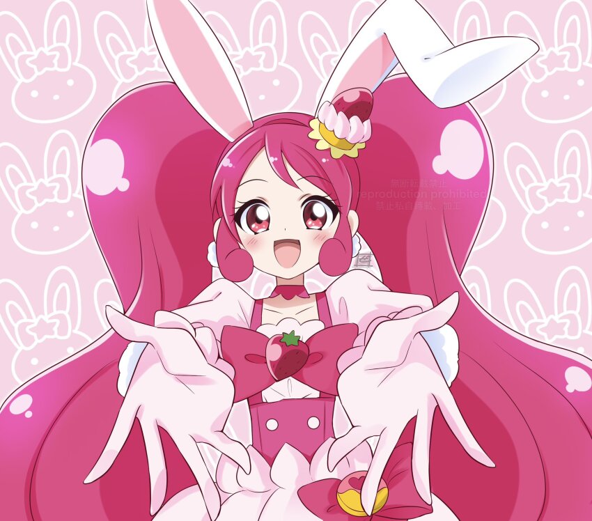 1girl animal_ears anime_coloring bow bowtie buttons cake choker collarbone commentary_request corset cowboy_shot cure_whip curly_hair dress dress_bow earrings eyelashes floppy_ears food food-themed_clothes food-themed_hair_ornament frilled_gloves frilled_sleeves frills fruit gloves hair_ornament happy heart heart_print highres jewelry kirakira_precure_a_la_mode long_hair magical_girl outstretched_arms pink_background pink_bag pink_bow pink_bowtie pink_choker pink_corset pink_dress pink_gloves pink_hair pink_theme pom_pom_(clothes) pom_pom_earrings precure puffy_short_sleeves puffy_sleeves rabbit_background rabbit_ears rabbit_girl red_eyes short_sleeves solo square_neckline strawberry strawberry_brooch strawberry_shortcake tareme twintails two-tone_bag usami_ichika very_long_hair waist_bag wavy_hair yellow_bag zero-theme