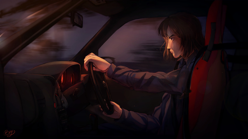 1girl bigotitos black_sweater brown_hair car_interior dark driving facing_to_the_side gas highres holding hood hoodie initial_d iwase_kyouko long_sleeves looking_ahead looking_at_another looking_at_mirror looking_to_the_side looking_up mazda_rx-7 mazda_rx-7_fd medium_hair mirror motion_lines night night_sky parted_bangs racing seatbelt side-view_mirror sitting sky solo solo_focus speed_lines steering steering_wheel sweater upper_body window