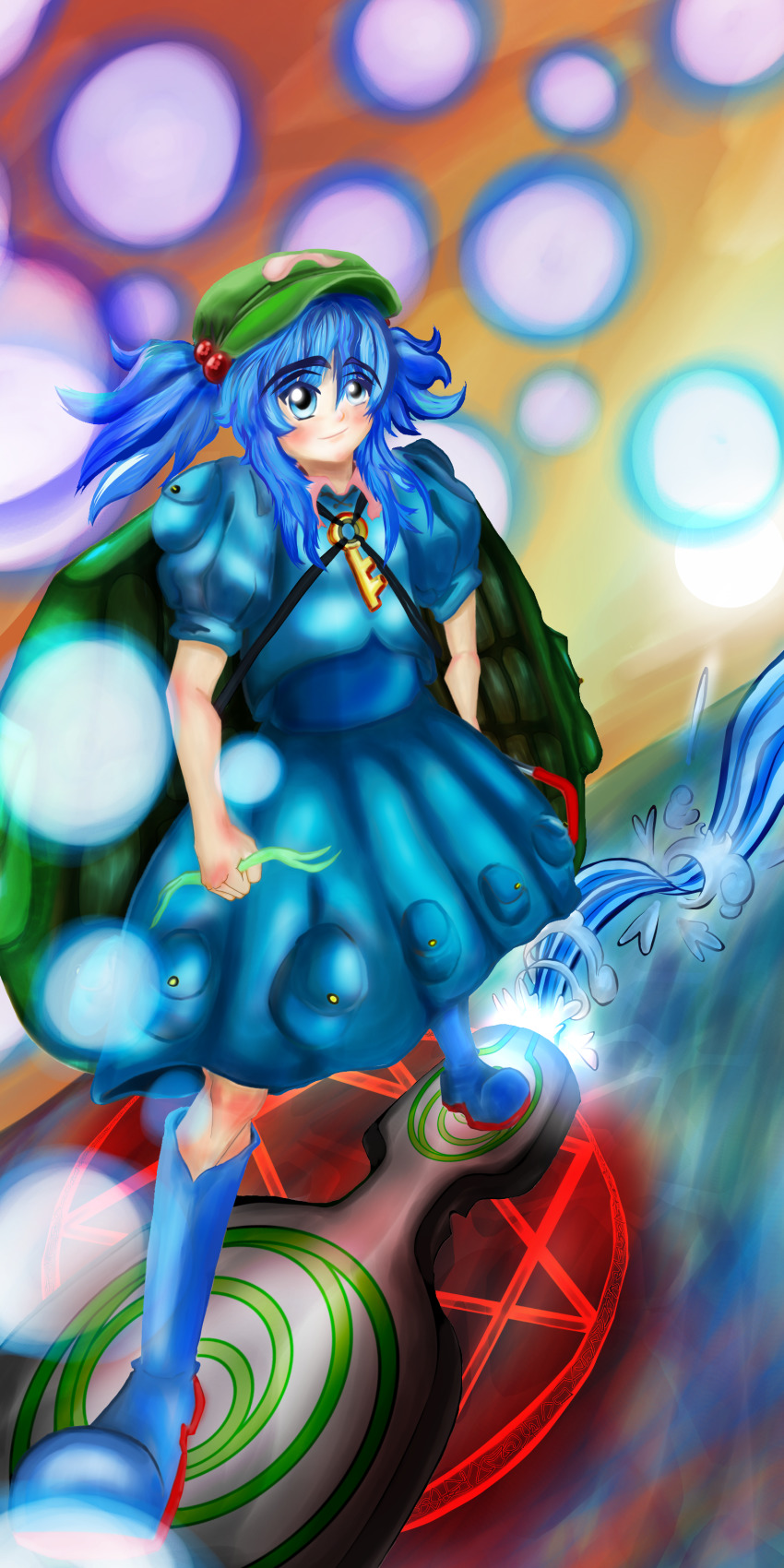 absurdres antinomy_of_common_flowers blue_eyes bullet cattail danmaku engineer highres kappa kawashiro_nitori kawashiro_nitori_(kappa) magical_girl mountain_of_faith non-web_source plant river self-upload skateboard solo subterranean_animism touhou