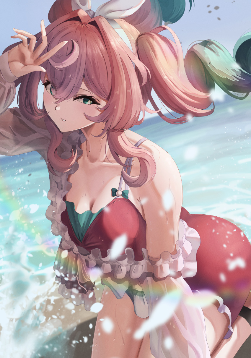 1girl absurdres aqua_bow aqua_eyes aqua_hair ass bikini blue_sky blush bow breasts cleavage curly_hair day frilled_shirt frills hair_intakes hair_ribbon highres honkai:_star_rail honkai_(series) hotmilk_ina_mug hyacine_(honkai:_star_rail) large_breasts long_hair multicolored_hair navel outdoors pink_hair red_bikini ribbon seiza shirt single_bare_shoulder sitting sky solo swimsuit thighs twintails two-tone_hair water white_ribbon white_shirt