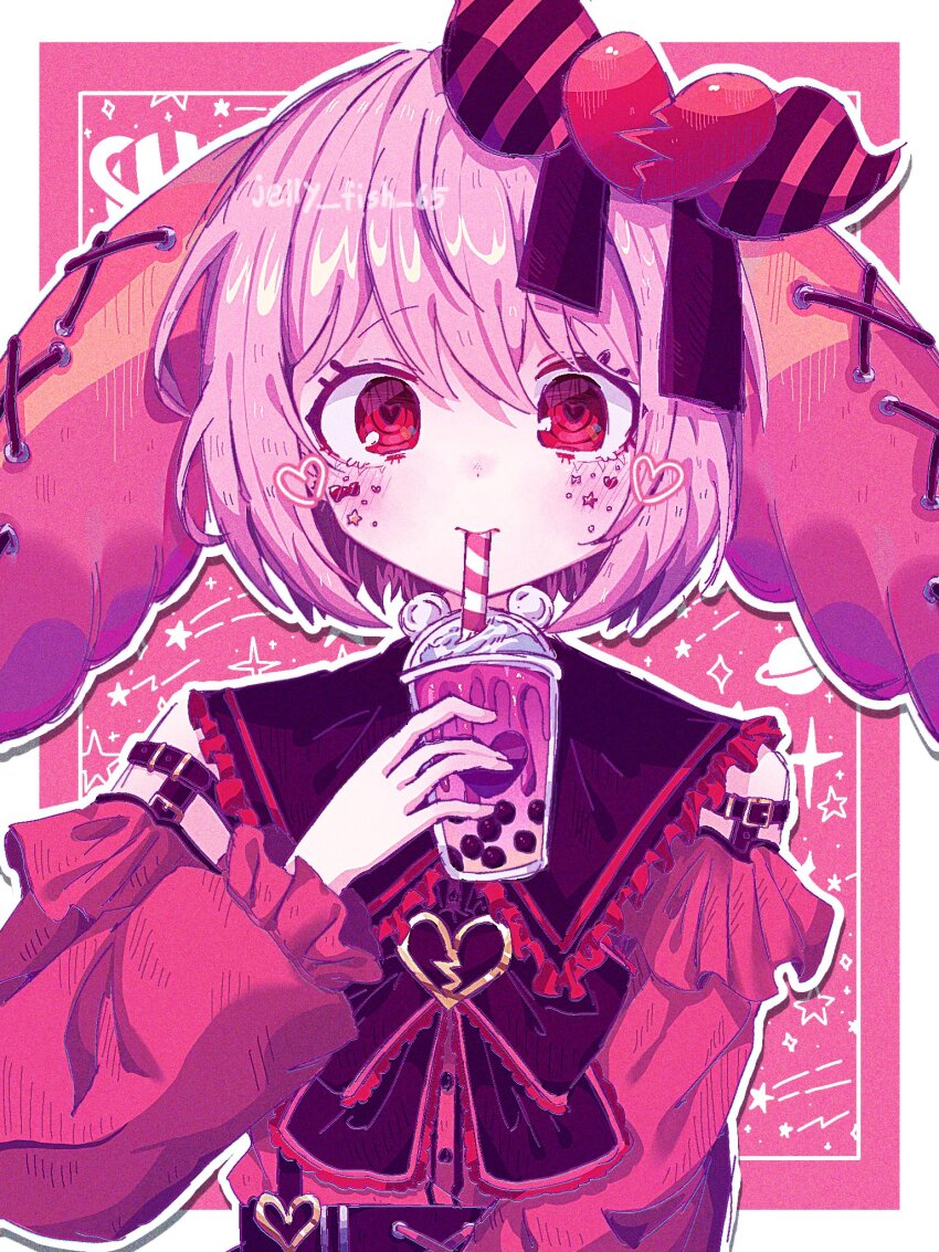 1boy alternate_costume bare_shoulders belt black_belt black_bow black_bowtie black_sailor_collar blush bob_cut border bow bowtie bubble_tea closed_mouth commentary cup diagonal-striped_bow disposable_cup drinking drinking_straw drinking_straw_in_mouth facial_mark film_grain frilled_sailor_collar frilled_sleeves frills hair_ornament hand_up heart heart_facial_mark heart_hair_ornament highres holding holding_cup humanization inset_border jelly_fish_65 jirai_kei long_sleeves looking_at_viewer male_focus original outline outside_border pink_hair pink_theme puffy_long_sleeves puffy_sleeves raised_eyebrows red_background red_bow red_eyes red_shirt ringed_eyes sailor_collar shirt short_hair simple_background smile solo sparkle star_(symbol) star_facial_mark star_symbol_background striped_bow symbol-only_commentary trap twitter_username two-tone_bow upper_body white_border white_outline yande-kun