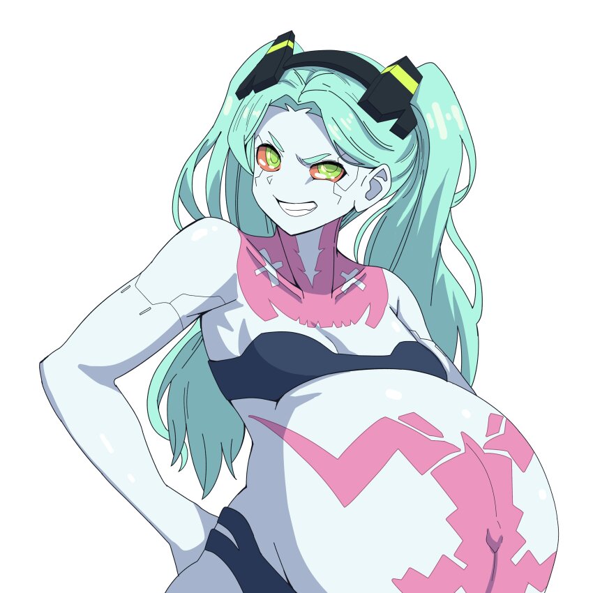 1girl absurdres breasts cleavage colored_sclera cyberpunk:_edgerunners cyberpunk_(series) female_focus green_eyes green_hair highres long_hair looking_at_viewer navel pale_skin pregnant rebecca_(cyberpunk) red_sclera small_breasts solo stark_(shitake) tattoo twintails yuhancyan