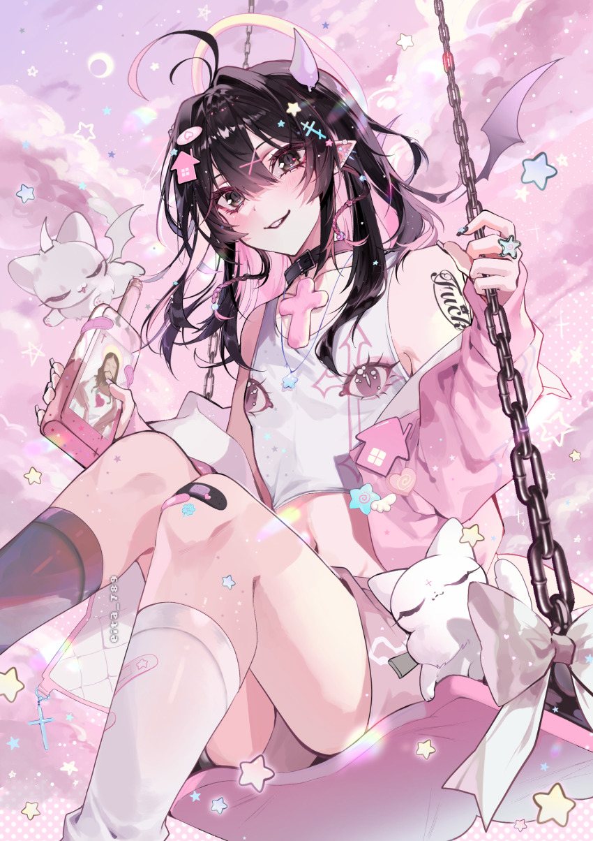 1boy absurdres aegyo_sal antenna_hair asymmetrical_legwear b-kun_(eita_789) bandaid bandaid_on_knee bandaid_on_leg bare_shoulders black_collar black_eyes black_hair black_socks black_wings bottle cat chain cloud collar collarbone colored_inner_hair commentary_request demon_wings ear_piercing eita_789 feet_out_of_frame from_below grin hair_between_eyes hair_ornament halo highres holding holding_bottle horns jacket jacket_partially_removed jesus kneehighs long_hair long_sleeves looking_at_viewer midriff mismatched_legwear multicolored_hair navel on_swing original piercing pink_background pink_hair pink_jacket pink_shorts pointy_ears puffy_long_sleeves puffy_sleeves purple_horns shorts single_horn sitting slit_pupils smile socks sparkle spiked_ear_piercing star_(symbol) star_hair_ornament swing tank_top trap white_cat white_socks white_tank_top wings x_hair_ornament yellow_halo