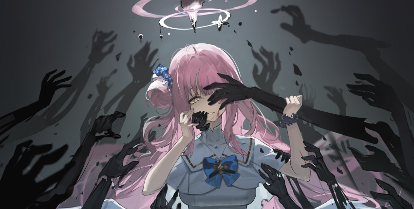 1girl absurdres blood blood_from_mouth blood_on_face blue_archive blue_bow blue_flower bow capelet dirty dirty_clothes dress flower hair_bun hair_flower hair_ornament hair_scrunchie halo highres holding_another&#039;s_wrist long_hair looking_at_viewer mika_(blue_archive) parted_lips pink_hair pink_halo purple_scrunchie scrunchie shadow_hands single_side_bun super_h2o upper_body wfist_scrunchie white_capelet white_dress white_scrunchie yellow_eyes