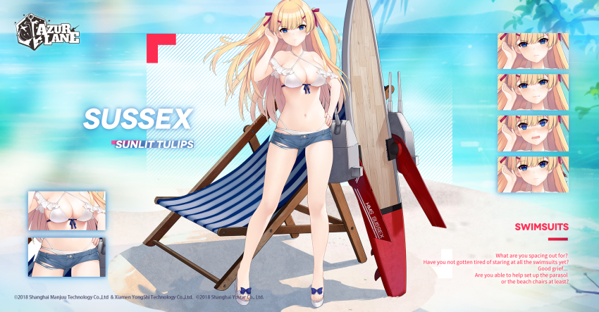 1girl allenes azur_lane bare_legs bare_shoulders beach_chair bikini bikini_under_clothes blonde_hair blue_eyes blue_shorts breasts cleavage criss-cross_halter denim denim_shorts female_focus frilled_bikini frills front-tie_bikini_top front-tie_top frown hair_ornament hair_ribbon hairclip halterneck hand_on_own_hip hand_up highres large_breasts long_hair looking_at_viewer micro_shorts navel official_alternate_costume official_art ribbon sandals shorts solo standing stomach sussex_(azur_lane) sussex_(sunlit_tulips)_(azur_lane) swimsuit thighs torn_clothes torn_shorts two_side_up white_bikini