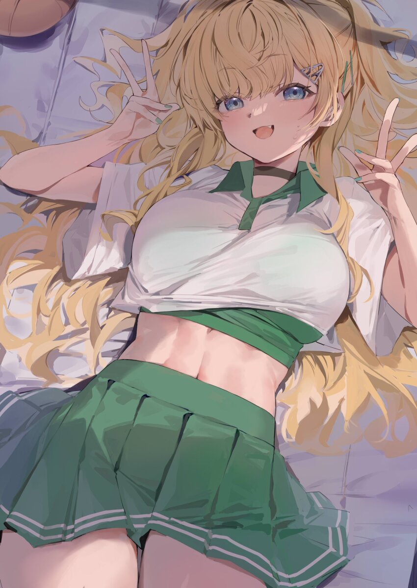 1girl blonde_hair breasts contrast_collar covered_underboob cowboy_shot double_v green_shorts green_skirt grey_eyes hair_ornament hairclip highres kantai_collection large_breasts long_hair looking_at_viewer lying minneapolis_(kancolle) minneapolis_(tennis)_(kancolle) official_alternate_costume on_back picoli1313 pleated_skirt polo_shirt shirt shorts shorts_under_skirt skirt smile solo sportswear tennis_skirt tennis_uniform two_side_up v wavy_hair white_shirt