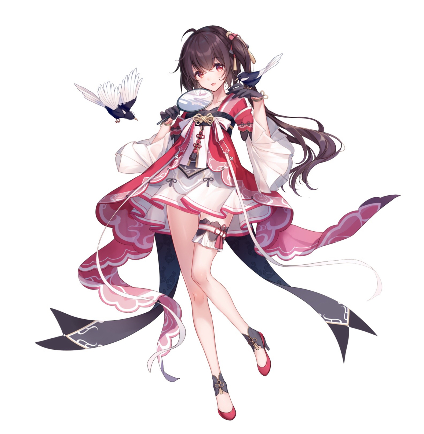 1girl ahoge bird bird_on_hand black_hair chinese_clothes commentary_request dress hair_ornament hand_fan highres holding holding_fan indie_virtual_youtuber long_hair nijisanji open_mouth red_dress red_eyes smile solo tagme virtual_youtuber virtuareal yousa zrds4375