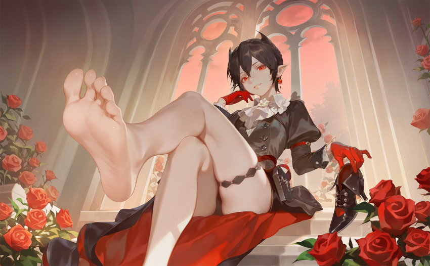 1girl arknights ascot barefoot black_dress black_hair black_panties black_shoes breasts crossed_legs dress earrings entelechia_(arknights) fanfanfanlove feet flower gloves hand_on_own_cheek hand_on_own_face head_tilt high_heels highres holding holding_flower holding_shoes holding_unworn_clothes indoors jewelry juliet_sleeves long_sleeves looking_at_viewer mole mole_under_eye panties pantyshot parted_lips pointy_ears pouch puffy_sleeves red_eyes red_flower red_gloves red_rose rose shoes short_hair sitting skindentation small_breasts smile soles solo thigh_strap toes underwear white_ascot white_flower white_rose wind