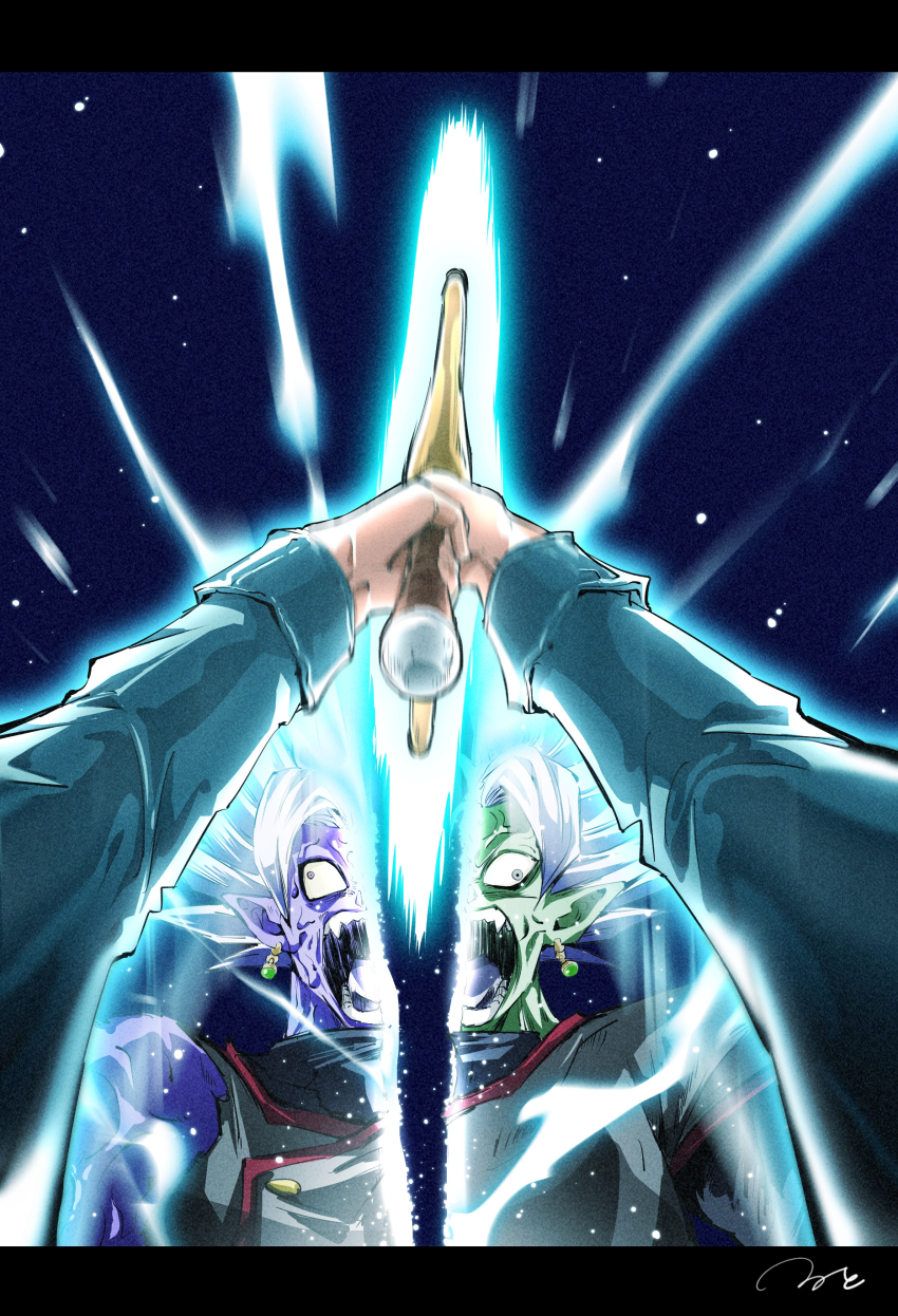 2boys absurdres black_bodysuit blue_jacket bodysuit colored_sclera colored_skin dragon_ball dragon_ball_super earrings fused_zamasu green_skin grey_eyes highres injury jacket jewelry melting mismatched_sclera multicolored_skin multiple_boys mutation pointy_ears potara_earrings purple_skin ruto830 screaming sharp_teeth sliced spiked_hair sword teeth trunks_(dragon_ball) trunks_(future)_(dragon_ball) weapon white_hair yellow_sclera