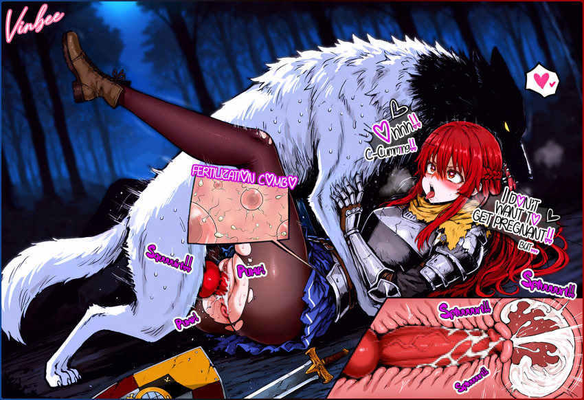 1boy 1girl animal_ears animal_penis armor balloon_womb bestiality blush censored clothed_sex cross-section cum cum_in_pussy cum_overflow dog dog_ears dog_penis ejaculation english_text etrian_odyssey highres impregnation internal_cumshot knotted_penis legs_up missionary mosaic_censoring open_mouth outdoors ovum pantyhose penis rape raquna_sheldon red_eyes red_hair sex speech_bubble thought_bubble tongue tongue_out torn_clothes torn_pantyhose vaginal vinbee