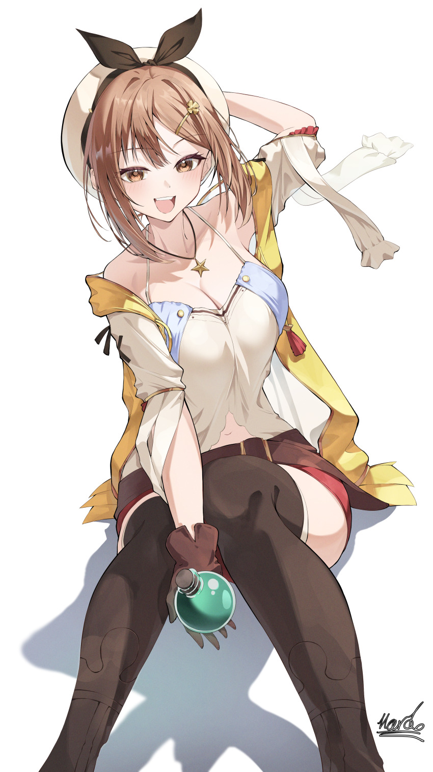 1girl absurdres atelier_(series) atelier_ryza belt beret breasts brown_eyes brown_gloves brown_hair cleavage flask gloves hair_ornament hairclip hat highres jacket jewelry knees_together_feet_apart large_breasts leather leather_gloves marbo_(saico556) navel necklace open_mouth red_shorts reisalin_stout round-bottom_flask short_hair short_shorts shorts sitting solo star_(symbol) star_necklace thighhighs yellow_jacket