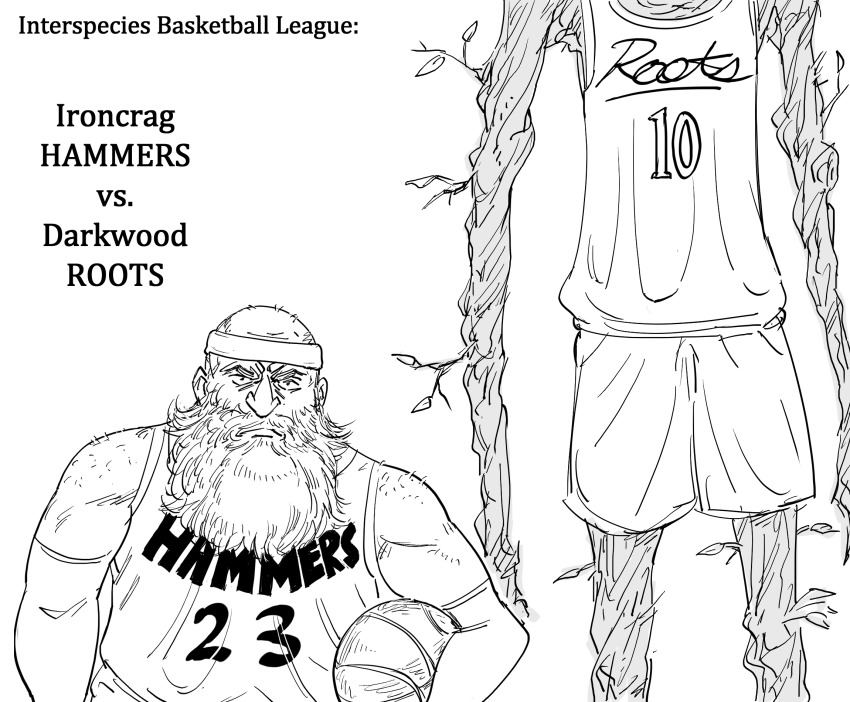 2boys bad_id bald ball basketball basketball_(object) basketball_uniform bb_(baalbuddy) beard closed_mouth commentary dwarf english_commentary english_text facial_hair greyscale headband height_difference highres holding holding_ball inactive_account looking_at_viewer male_focus monochrome multiple_boys original sanpaku simple_background sportswear treant white_background