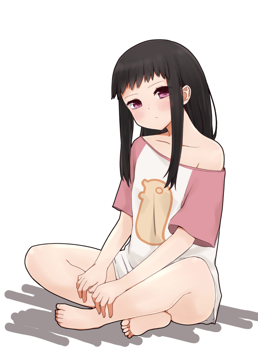 1girl ar_tonelico ar_tonelico_ii bare_shoulders barefoot black_hair blush closed_mouth collarbone full_body funbuns gust head_tilt highres i.u.y jakuri_(ar_tonelico) long_hair off_shoulder purple_eyes raglan_sleeves shadow shirt short_sleeves sitting soles solo white_background white_shirt