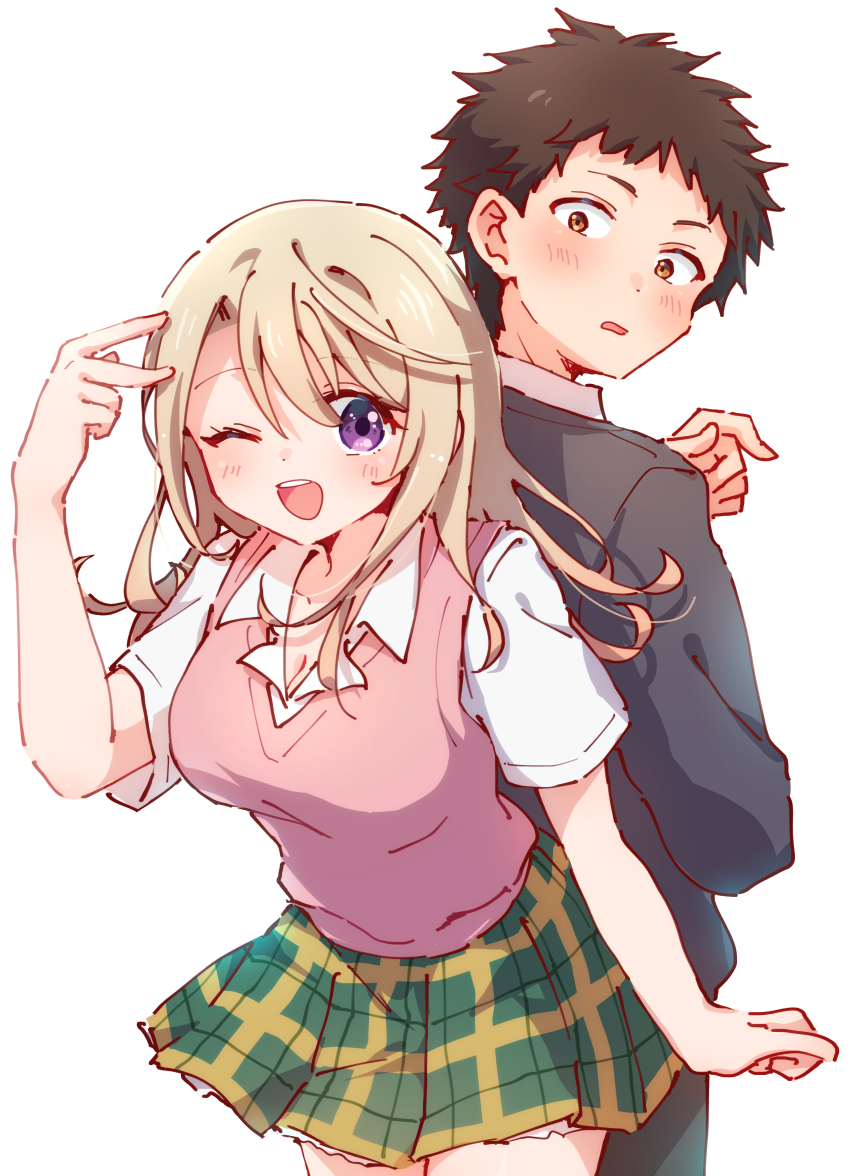 1boy 1girl ;d absurdres back-to-back black_jacket blonde_hair blush breasts brown_eyes brown_hair cleavage collared_shirt commentary cowboy_shot green_pants green_skirt hand_up highres jacket kawai_mona kuroiwa_medaka kuroiwa_medaka_ni_watashi_no_kawaii_ga_tsuujinai long_hair long_sleeves looking_at_viewer medium_breasts nyaa_(nnekoron) one_eye_closed open_mouth pants parted_lips pink_sweater_vest plaid_clothes plaid_skirt pleated_skirt purple_eyes school_uniform shirt short_hair short_sleeves simple_background skirt smile standing sweater_vest teeth upper_teeth_only white_background white_shirt