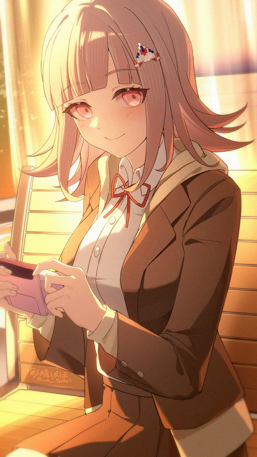 1girl :o black_shirt black_skirt blush breasts danganronpa_(series) danganronpa_3_(anime) flipped_hair galaga hair_ornament handheld_game_console highres holding holding_handheld_game_console hope&#039;s_peak_academy_school_uniform large_breasts long_sleeves looking_at_viewer medium_hair nanami_chiaki neck_ribbon on_bench pink_eyes pink_hair pleated_skirt red_ribbon ribbon school_uniform shirt simple_background sitting skirt smile so_zei_tama_tama solo white_background white_shirt