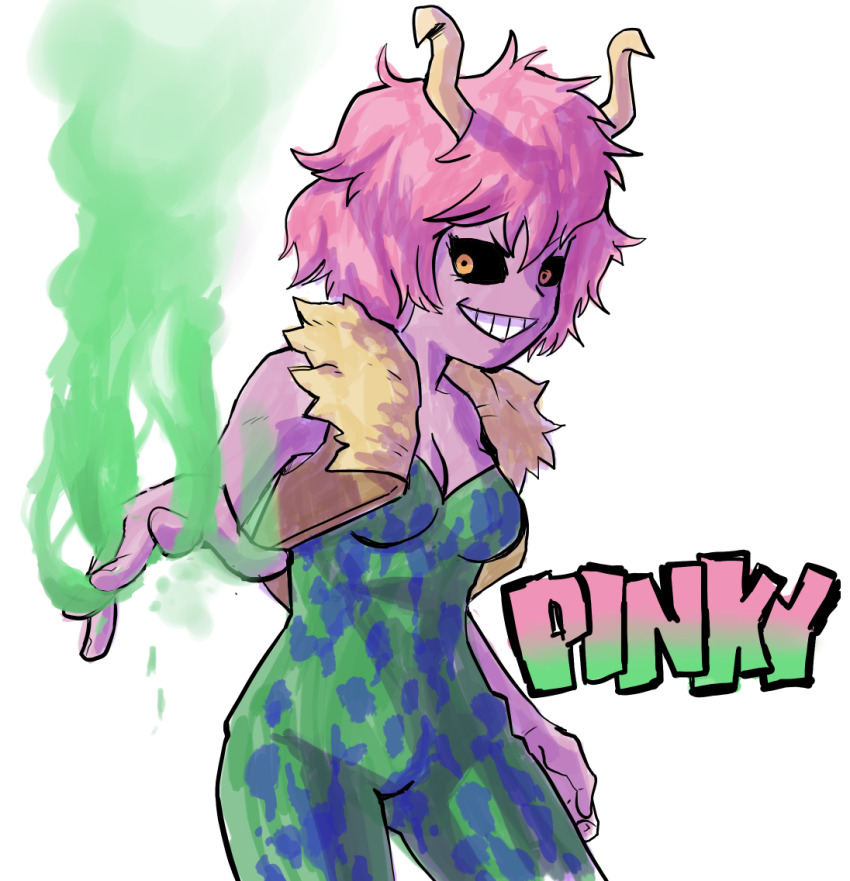 1girl acid ashido_mina black_sclera boku_no_hero_academia breasts cleavage colored_sclera colored_skin english_text grin hair_between_eyes horns looking_at_viewer medium_breasts pink_hair pink_skin regigigass short_hair smile standing white_background yellow_eyes yellow_horns