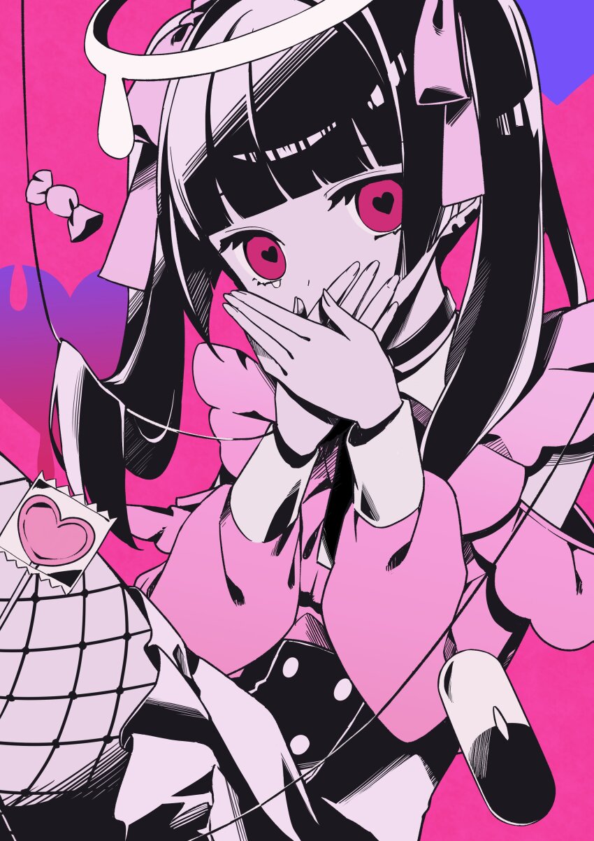 1girl absurdres black_choker black_hair black_skirt bow candy choker covering_own_mouth darling_dance_(vocaloid) food hair_bow halo hatsune_miku heart heart-shaped_pupils highres long_hair nagitofuu pill pink_bow pink_hair pink_shirt shirt skirt solo symbol-shaped_pupils twintails vocaloid